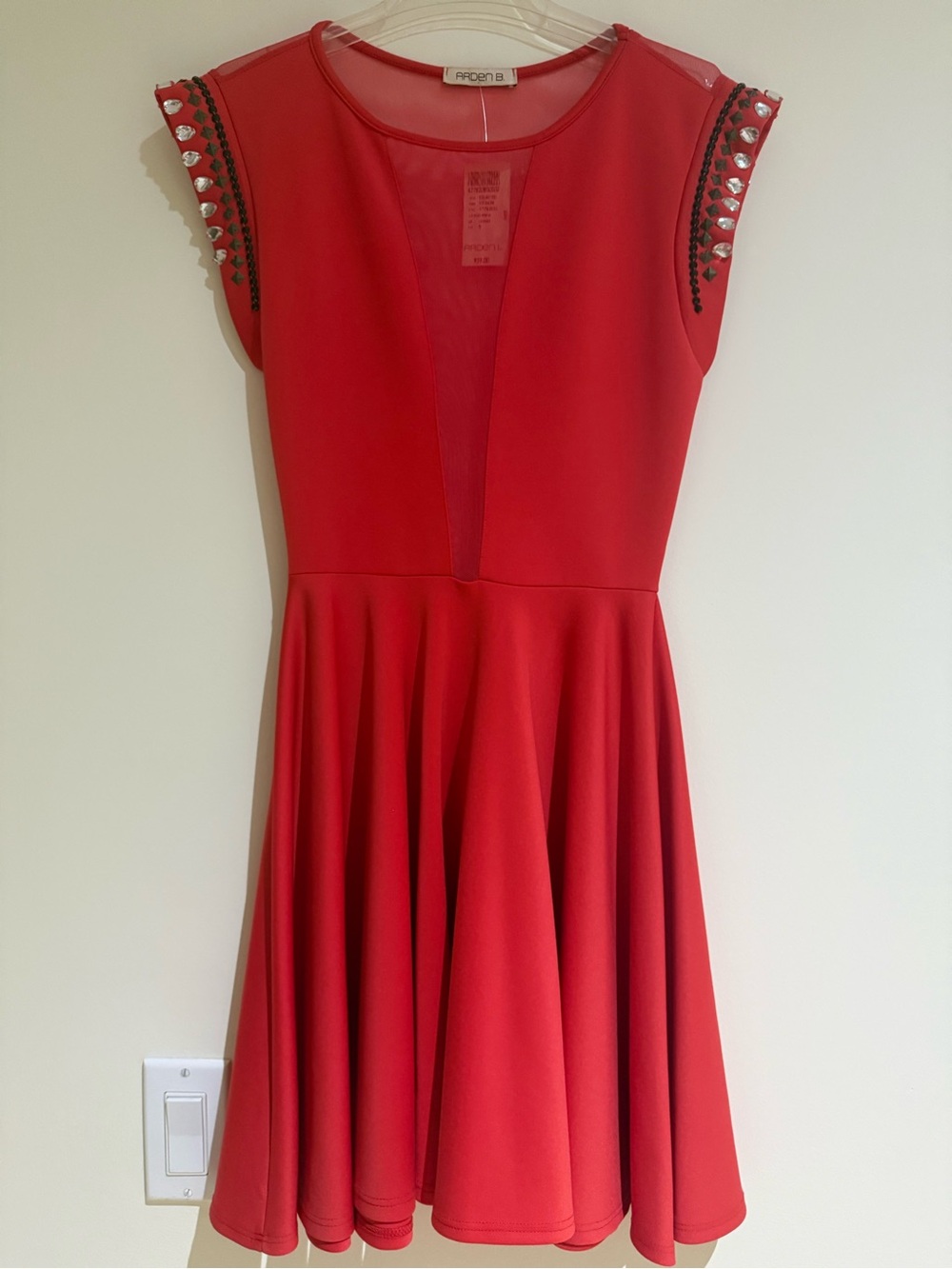 Arden B Red Mini Dress with Embellished Cap Sleeves, Size M